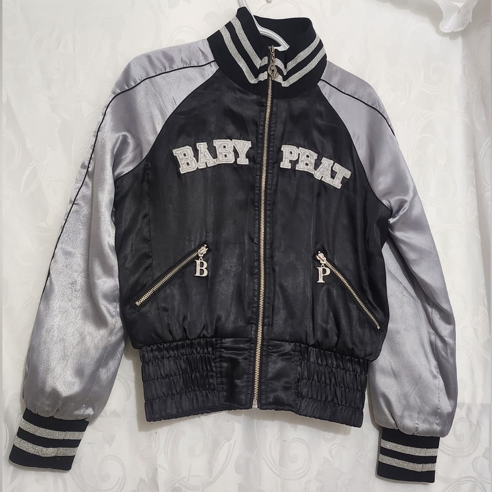 RARE BABY PHAT Retro Black&Silver Logo Satin Varsity Cropped Puffer BomberJacket